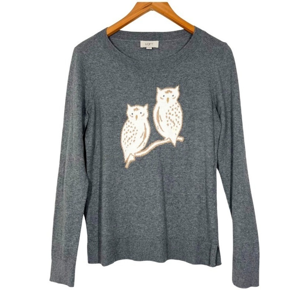 Loft Outlet Gray Cotton Owl Graphic Crew Neck Pullover Sweater Womens Small NEW